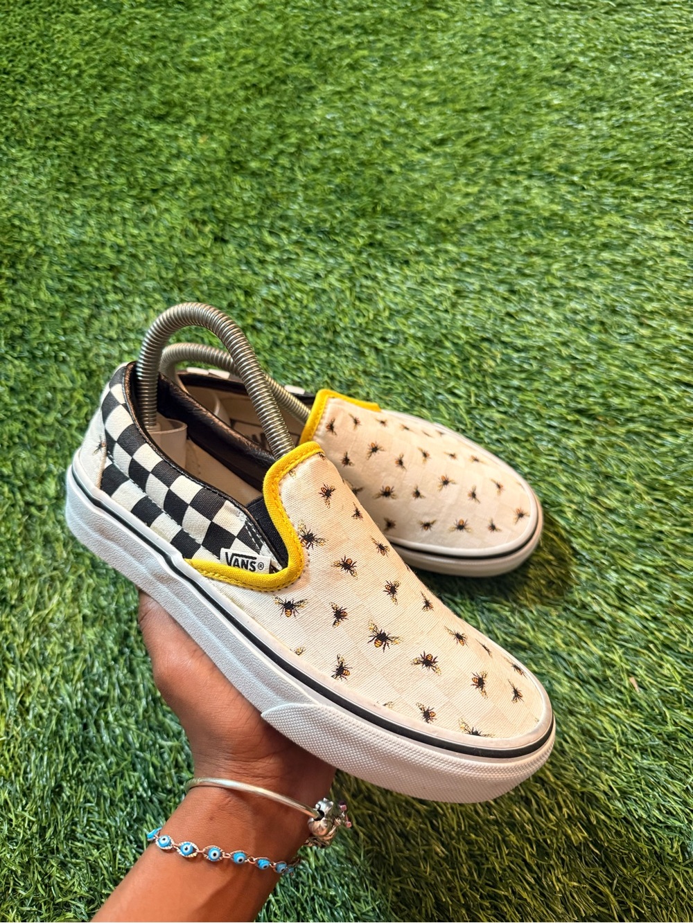 Vans Classic Slip-On Bee Checkerboard Sneakers White Yellow Women’s